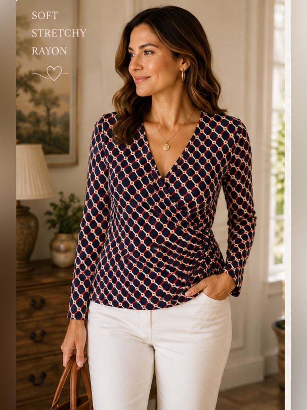 Talbots Geometric Wrap Top M Navy Red Cream Ruched Stretch Long Sleeve